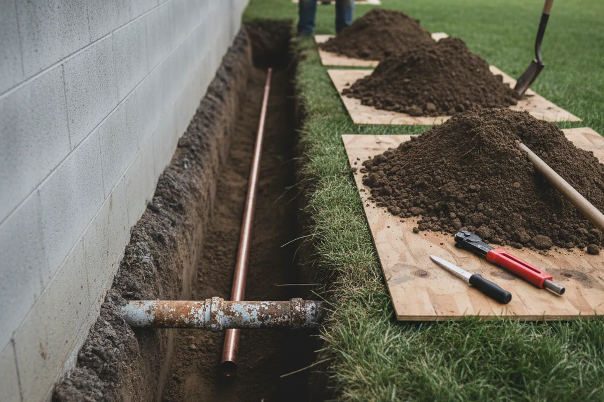 Excavated water line trench during Sewer Line Repair in Mims